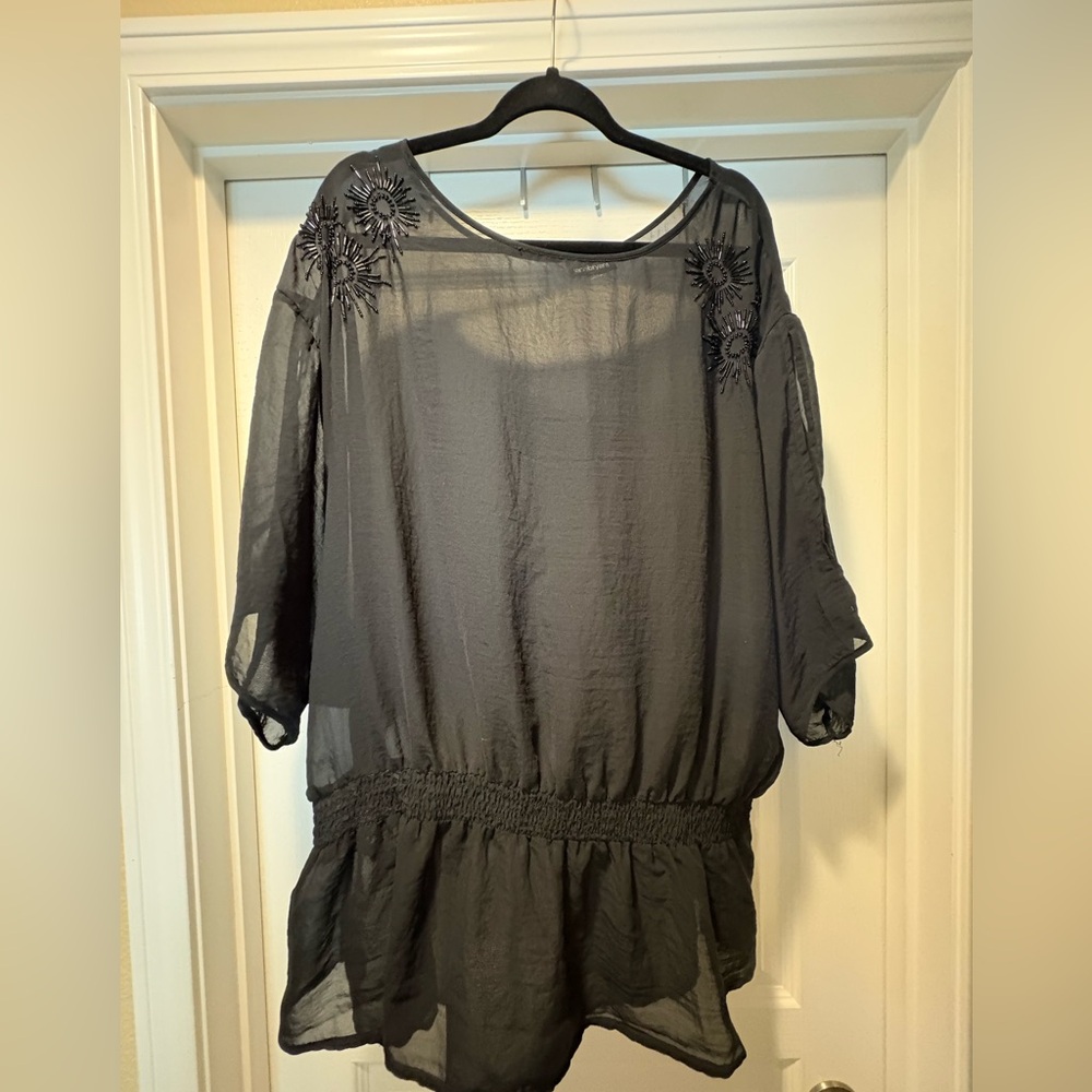 Lane Bryant Black Sheer Blouse with Floral Accents
